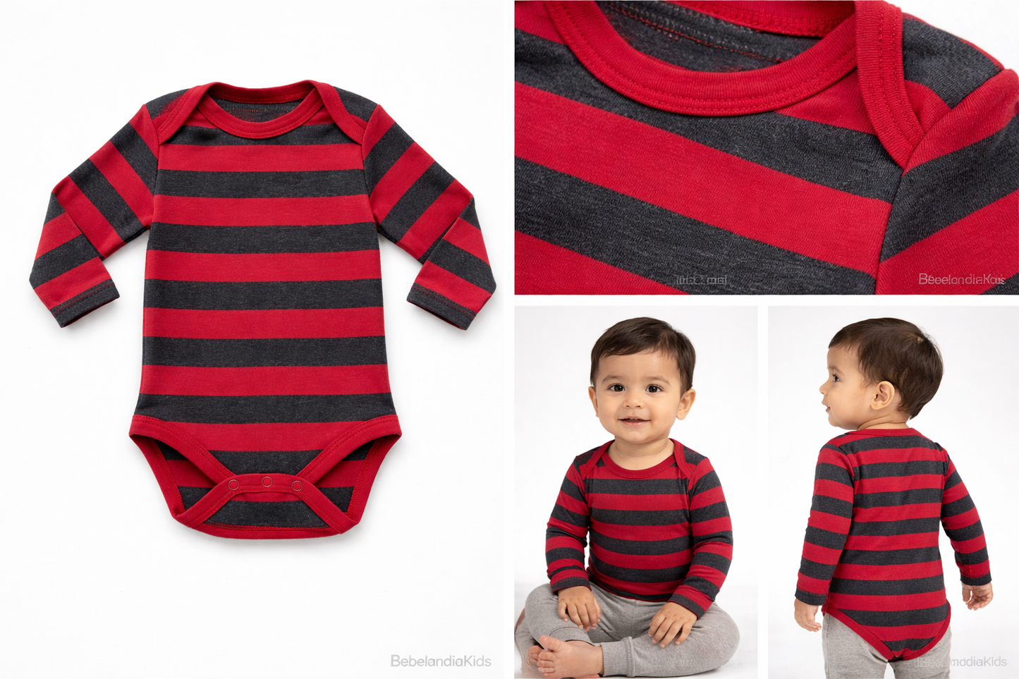 Mameluco para Bebé a Rayas Rojo y Gris Manga Larga