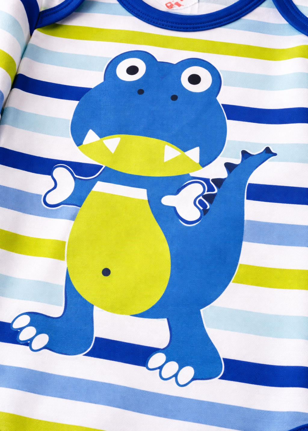 Mameluco Blanco Rayas Azul y Verde Dinosaurio Manga Larga