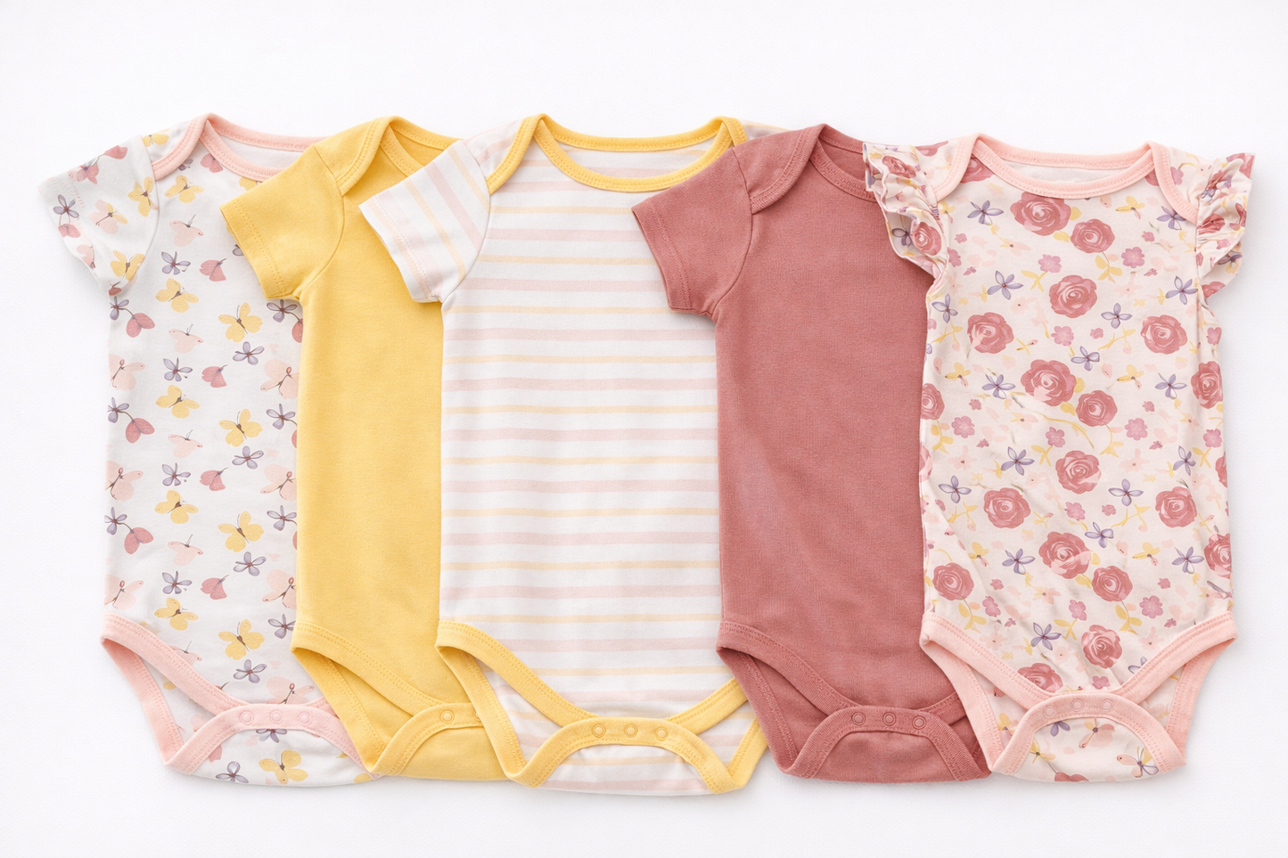 Kit de Mamelucos Manga Corta para Bebé Niña – 5 Piezas (3-6M y 6-9M)