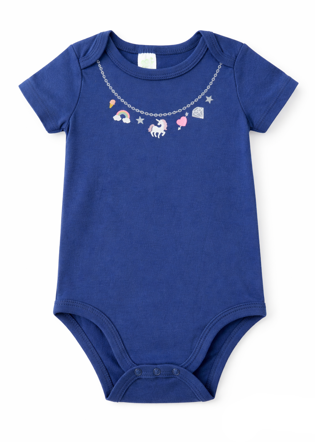 Mameluco/ Body Manga Corta Azul Oscuro con Estampado Unicornio y Arcoíris – Bebé Niña