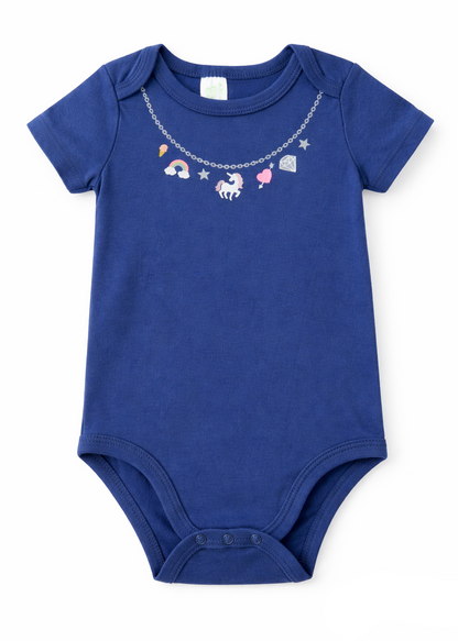 Mameluco/ Body Manga Corta Azul Oscuro con Estampado Unicornio y Arcoíris – Bebé Niña