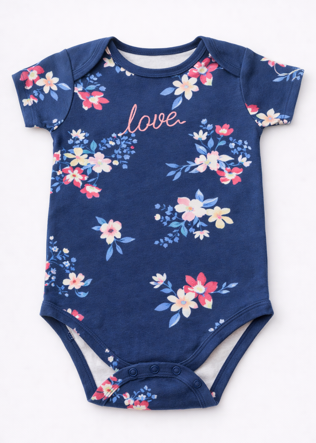 Mameluco (Body) Manga Corta Azul Oscuro Flores “Love” – Niña