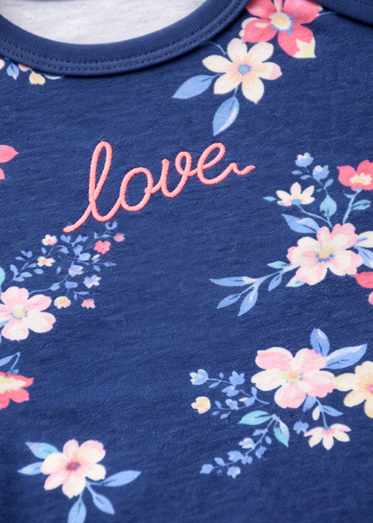 Mameluco (Body) Manga Corta Azul Oscuro Flores “Love” – Niña