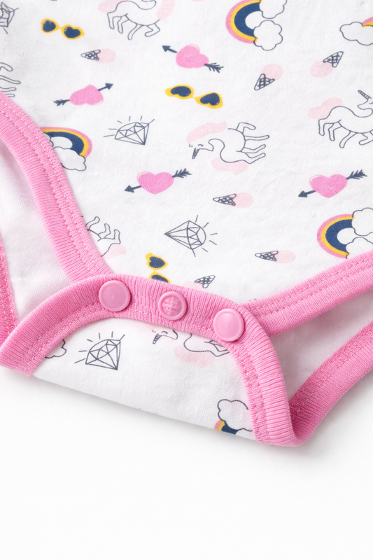 Mameluco / Body Manga Corta Blanco con Estampado Arcoíris y Unicornio – Bebé Niña