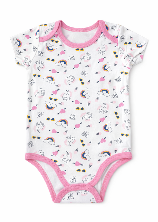 Mameluco / Body Manga Corta Blanco con Estampado Arcoíris y Unicornio – Bebé Niña