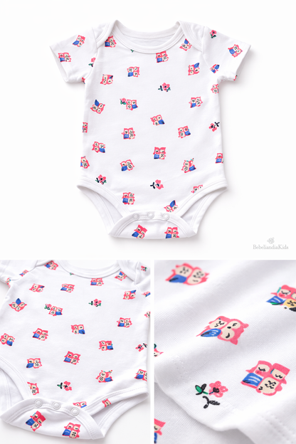 Body Bebé Niña Blanco Estampado Búhos en Algodón
