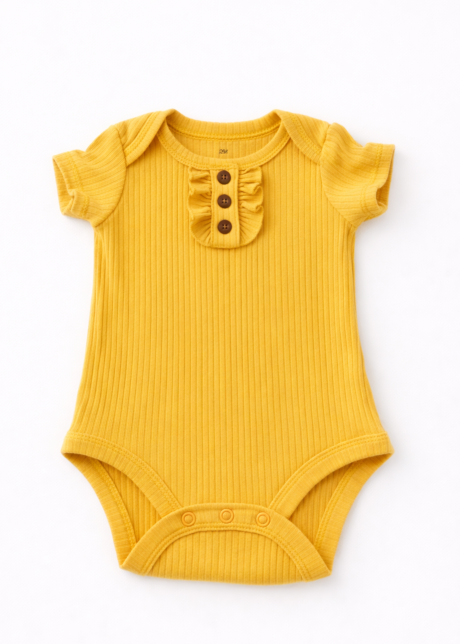 Mameluco/ Body Manga Corta para Bebé Niña Acanalado con Botones – Mostaza Suave