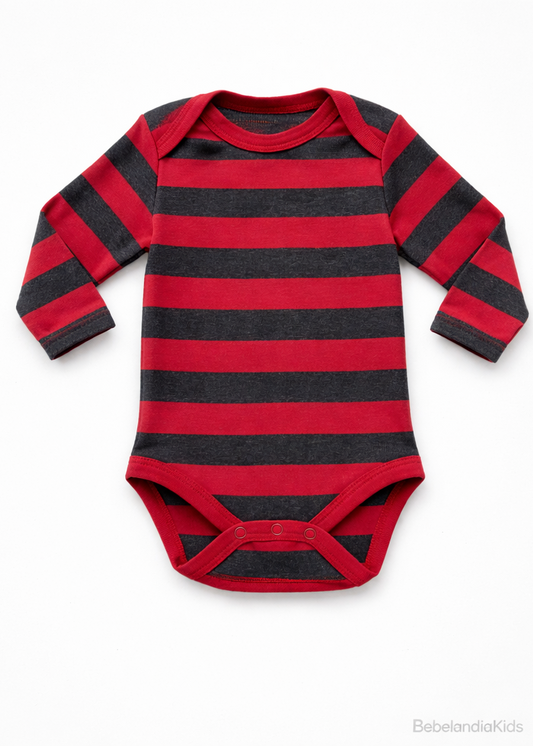 Mameluco para Bebé a Rayas Rojo y Gris Manga Larga