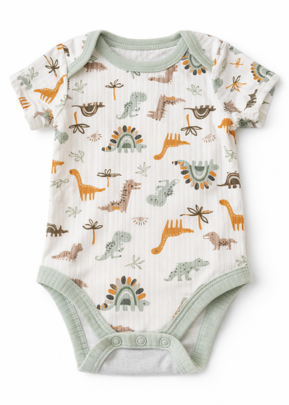 Mameluco / Body Blanco Estampado Dinosaurios Manga Corta