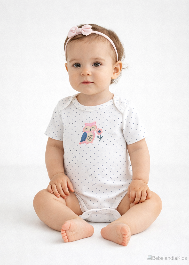 Mameluco para Bebé Blanco con Estampado de Búho y Puntos
