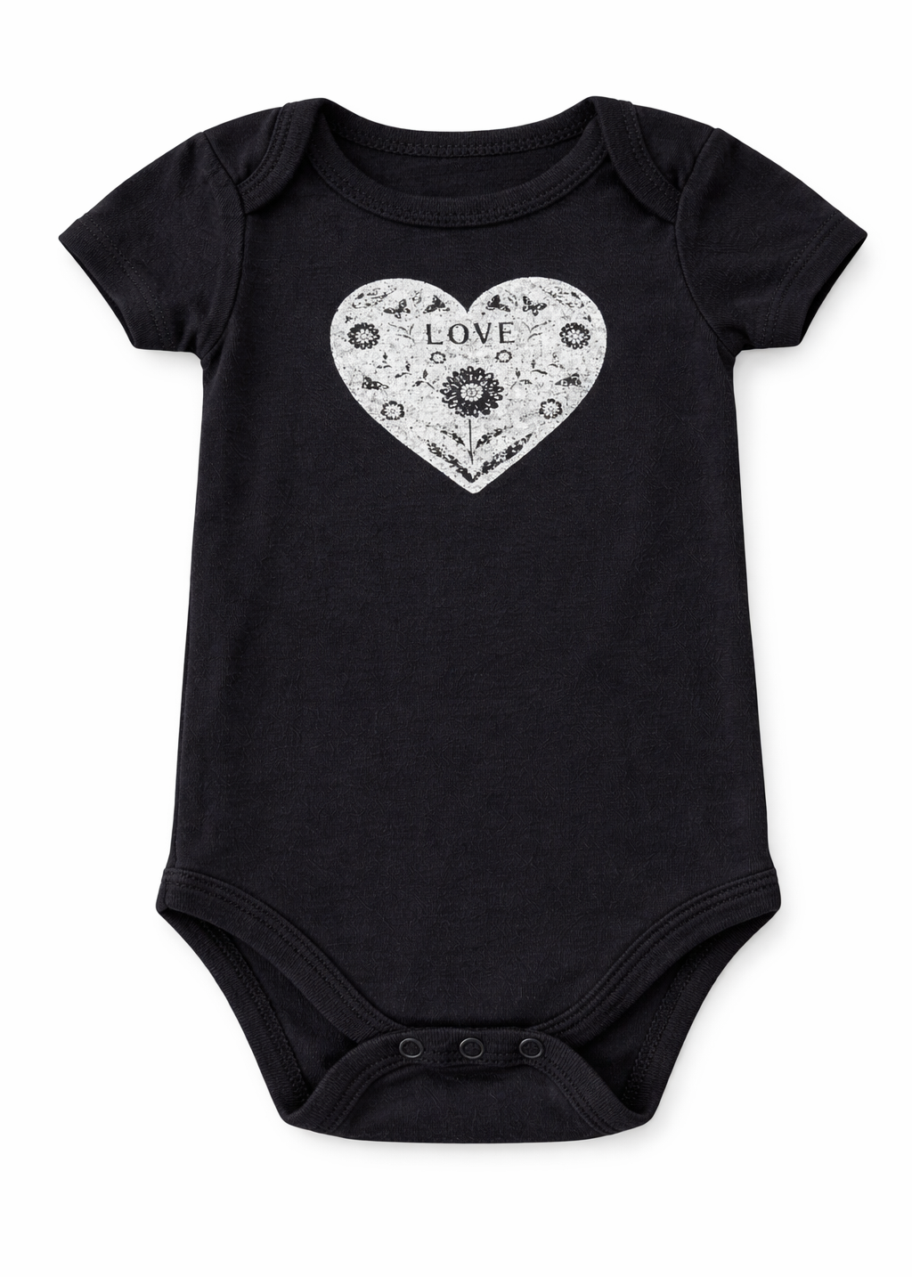 Mameluco/ Body Negro Manga Corta Corazón “Love” – Bebé