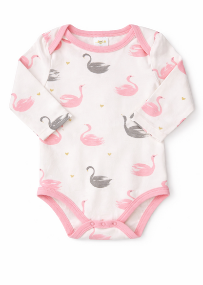 Mameluco Blanco Estampado Cisnes Rosados Manga Larga – Bebé Niña