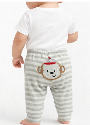 Pantalón de Algodón para Bebé a Rayas Gris con Aplique de Mono