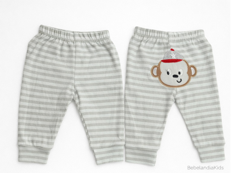 Pantalón de Algodón para Bebé a Rayas Gris con Aplique de Mono